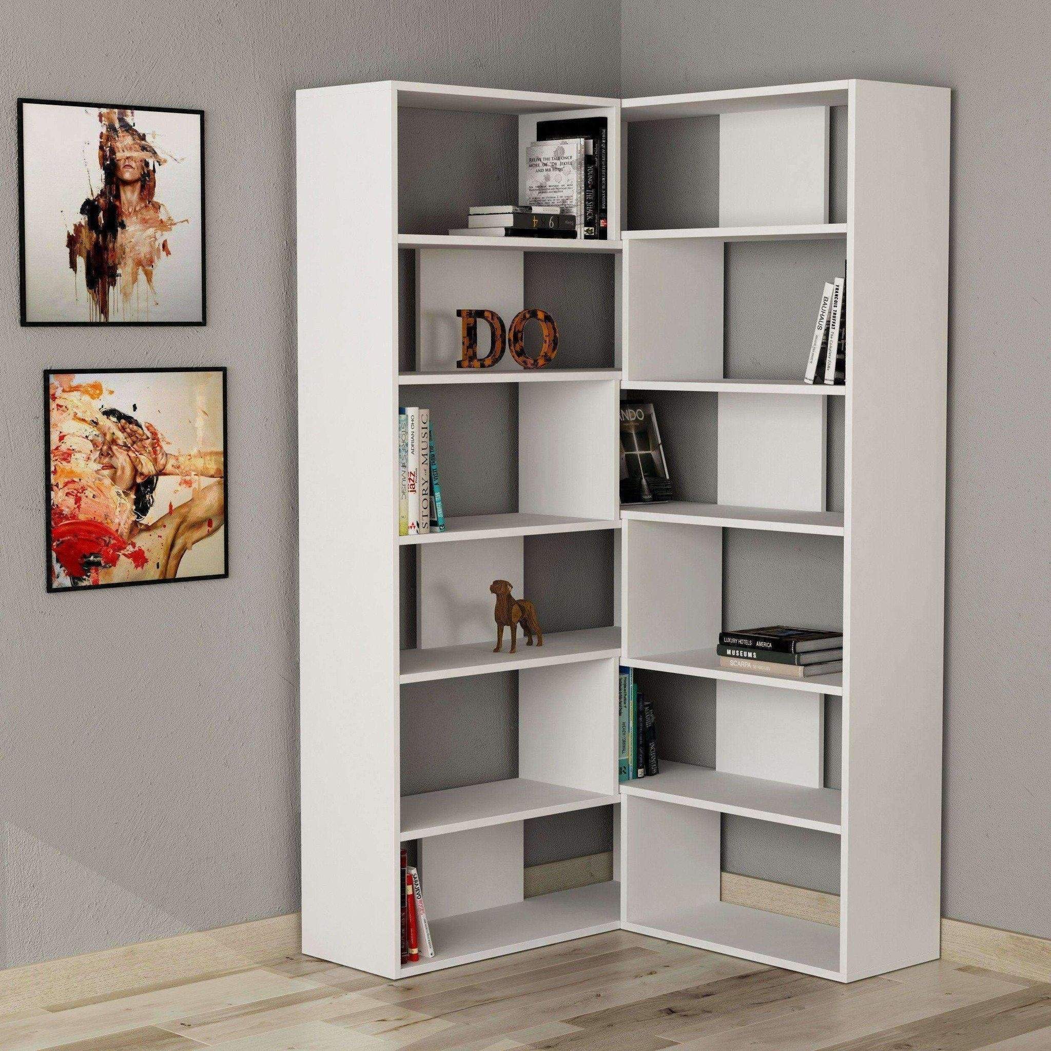 White corner store bookcase with doors